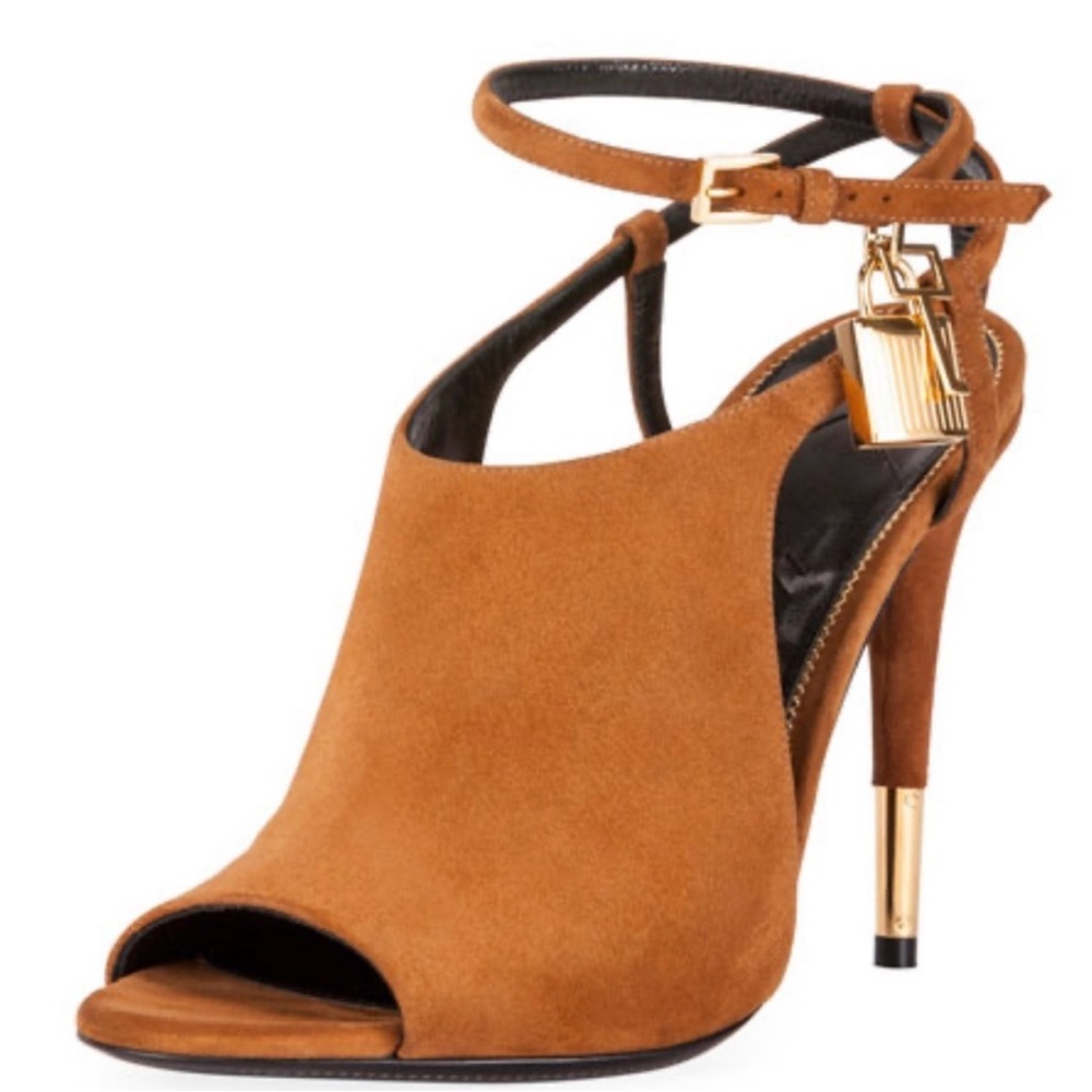 AUTHENTIC Gorgeous Tom Ford Tan and Gold High Heel Sandals with padlock! worn 2x